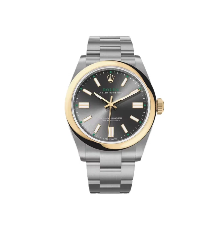 Oyster Perpetual “100 Jahre” (2026) — Rolesor (Oystersteel und Gelbgold), schiefergraues Zifferblatt — Vorderansicht des Zifferblatts