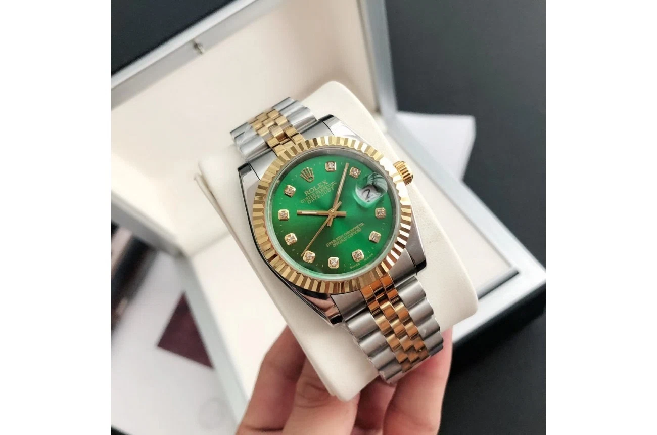 Datejust Roségold/Edelstahl Jubilee Grün/Zifferblatt Perspektivansicht
