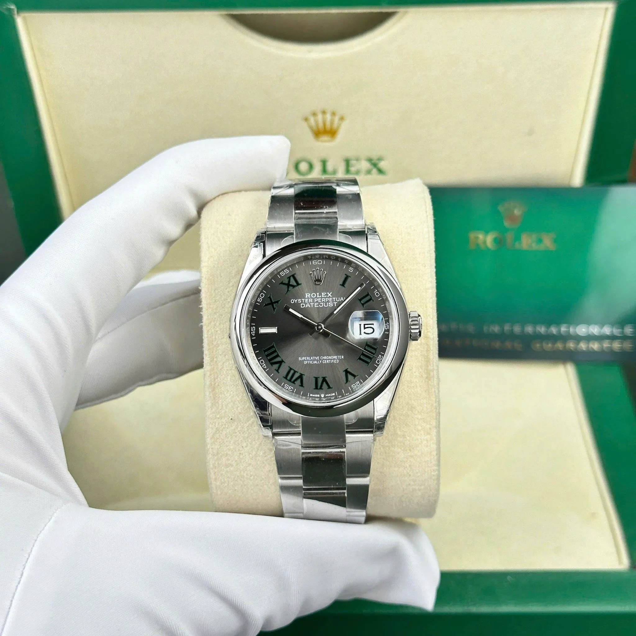 Datejust Wimbledon rhodiumfarbenes Zifferblatt Smooth Lünette Oyster Armband