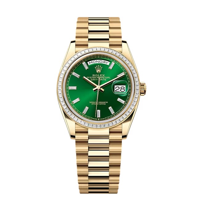 Rolex Day-Date Leuchtendgrün Zifferblatt mit Diamantbesatz 128398tbr-0035 36 mm – Superclone