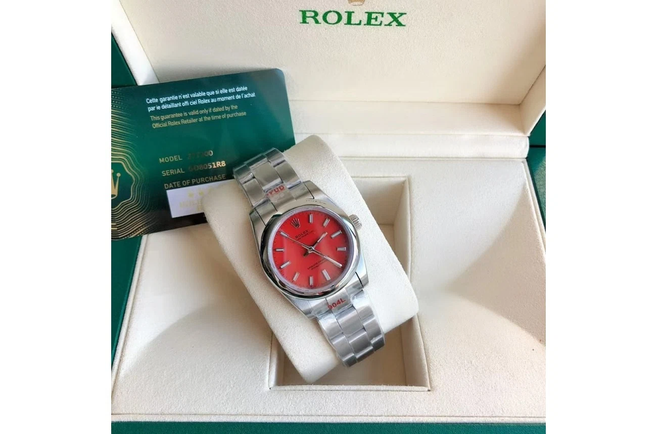 Oyster Perpetual Edelstahl/Edelstahl Rot/Stabindizes Designdetail