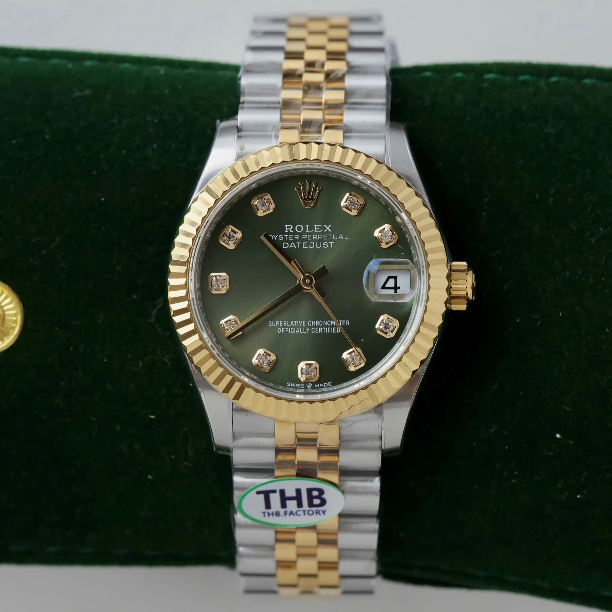 Datejust grünes Zifferblatt Geriffelt Lünette Jubilee Armband