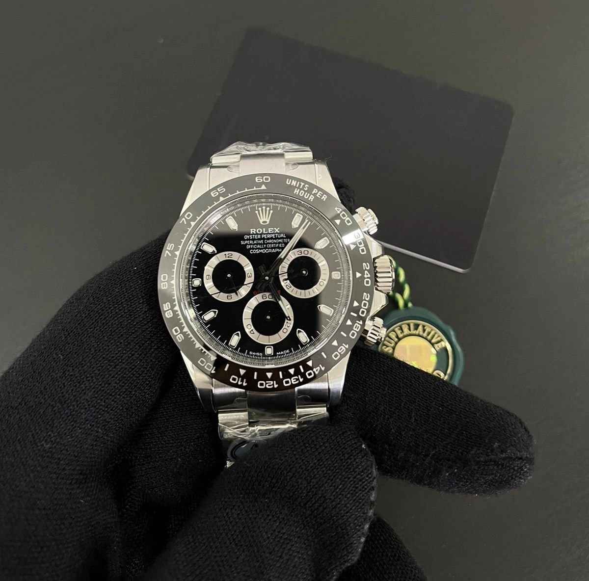 Superclone Daytona "Reverse Panda" schwarzes Zifferblatt 116500LN Perspektivansicht