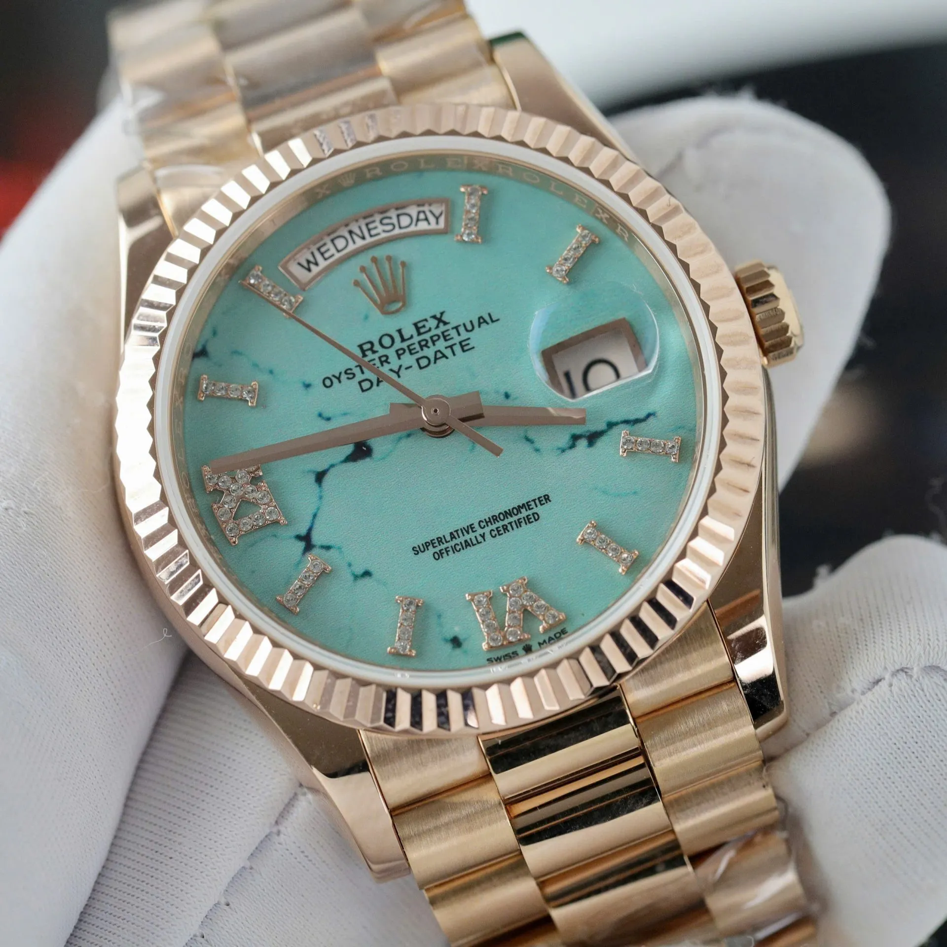 Day-Date Türkis Zifferblatt mit Diamantbesatz Geriffelt Rosé Presidential Armband