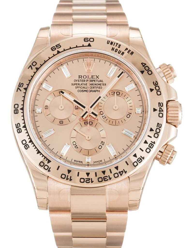 Daytona roséfarbenes Zifferblatt mit Baguette-Diamanten 116505
