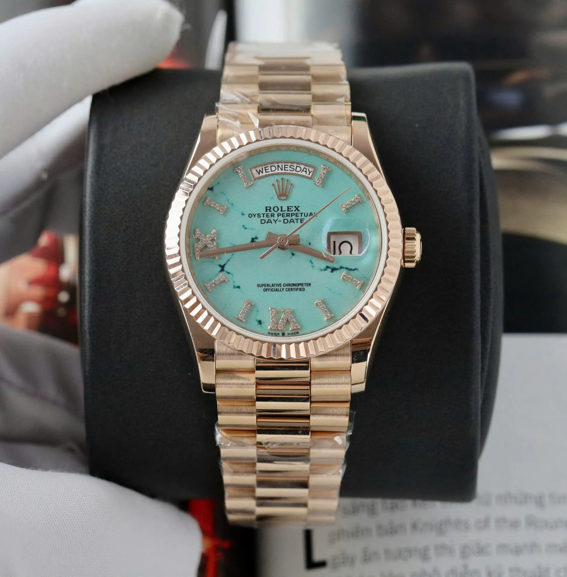 Day-Date Türkis Zifferblatt mit Diamantbesatz Geriffelt Rosé Presidential Armband