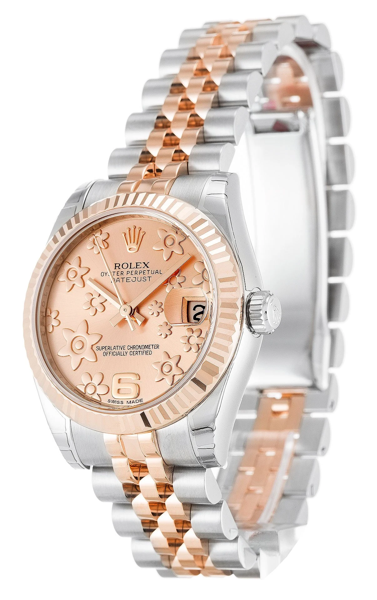 Datejust in mittlerer Größe rosafarbenes Zifferblatt mit Blumenmuster 178271 Perspektivansicht