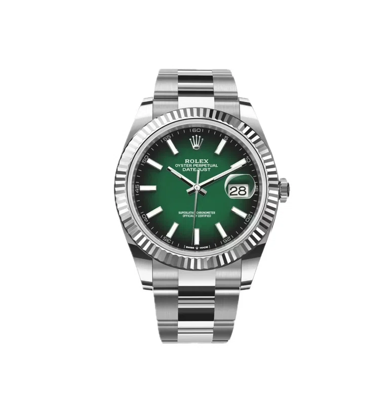 Datejust 41 Grünes Ombré-Zifferblatt (2026) — Rolesor (Oystersteel und Weißgold), Grünes Ombré-Zifferblatt — Vorderansicht des Zifferblatts