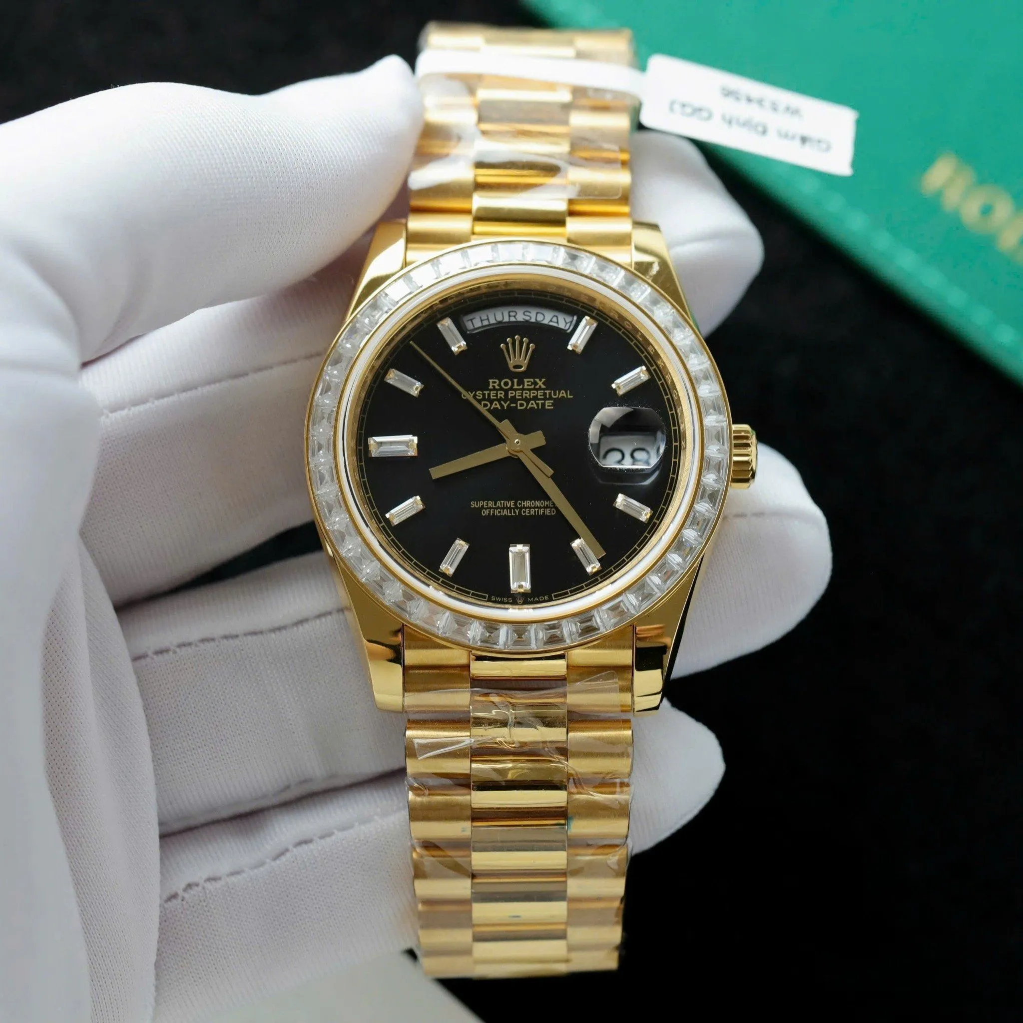 Day Date schwarzes Zifferblatt mit Diamantbesatz Lünette Presidential Armband