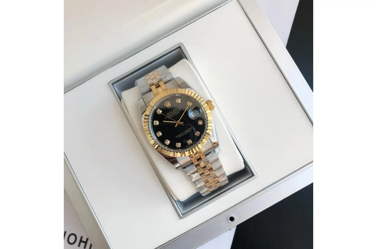 Datejust Roségold/Edelstahl Jubilee Schwarz/Diamantindizes Schrägansicht