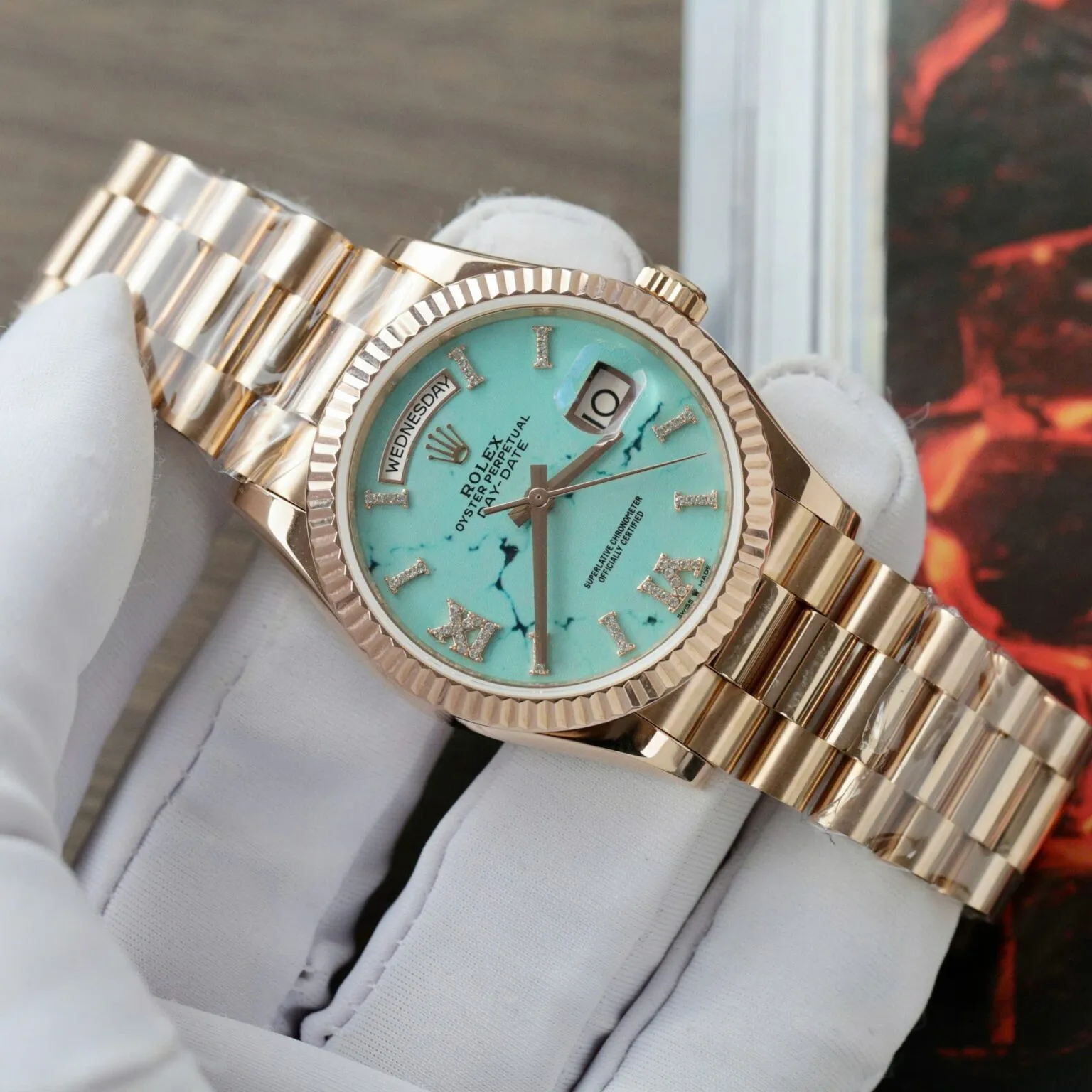 Day-Date Türkis Zifferblatt mit Diamantbesatz Geriffelt Rosé Presidential Armband