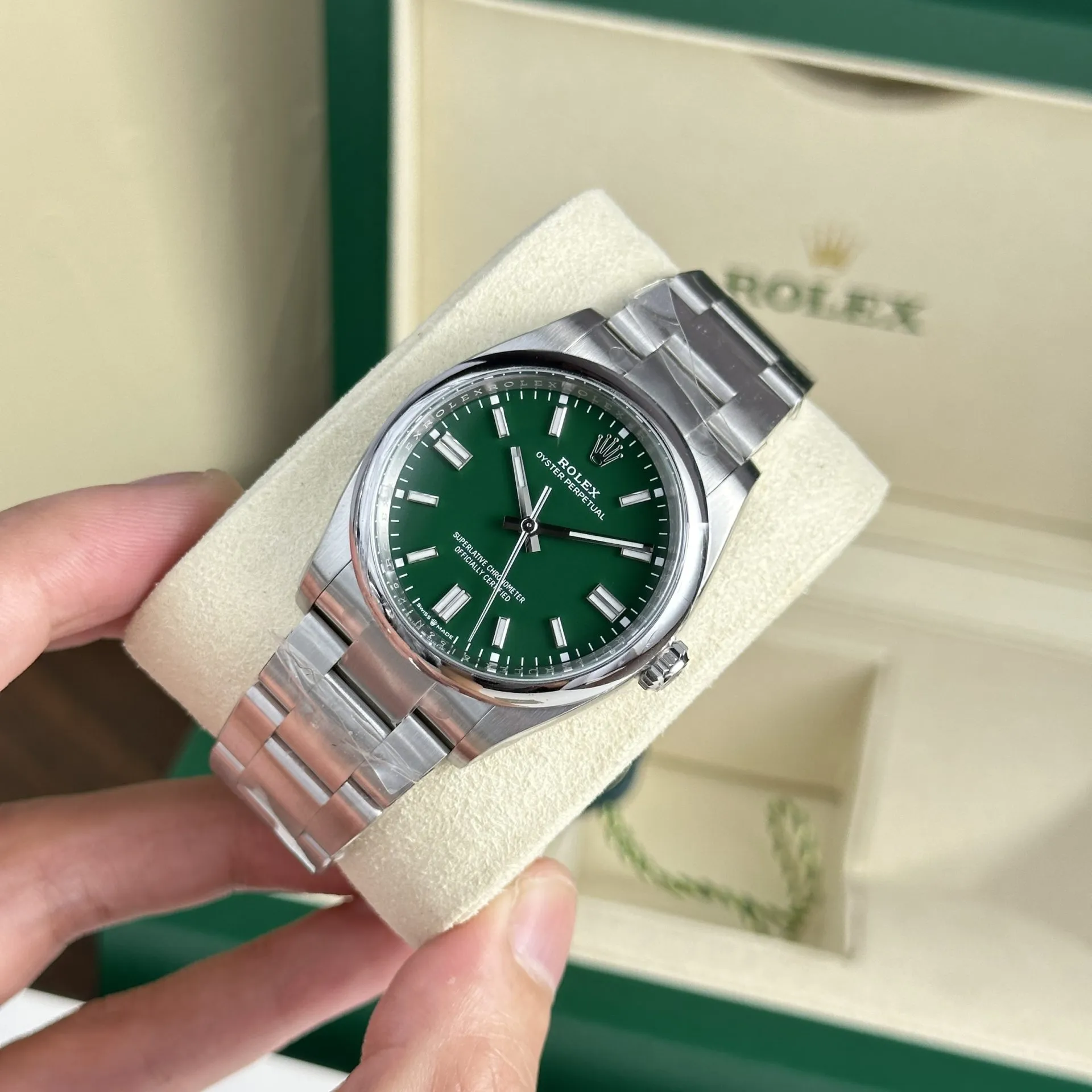 Oyster Perpetual grünes Zifferblatt Oyster Armband