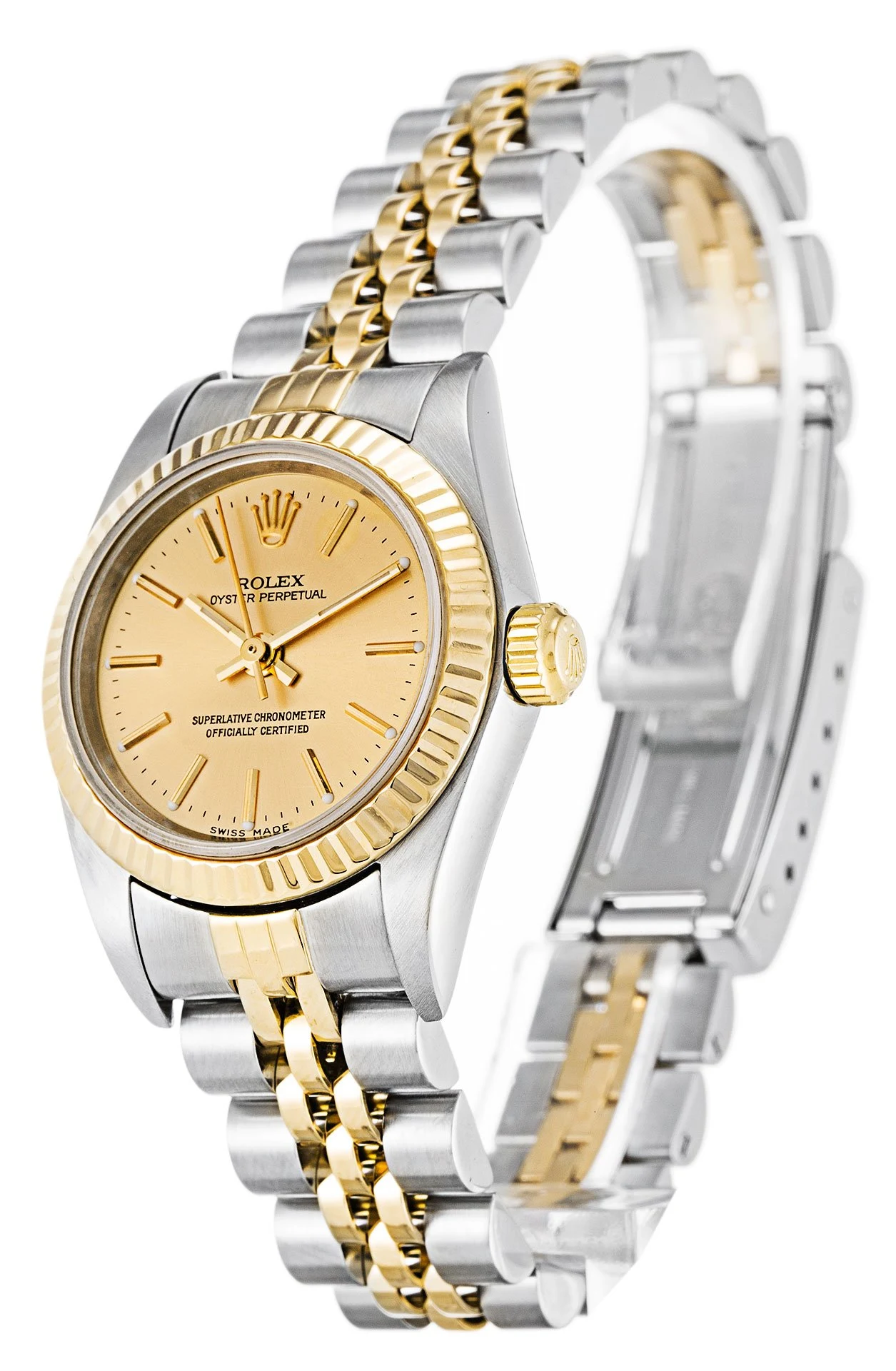 Oyster Perpetual Lady goldfarbenes Zifferblatt 76193 Perspektivansicht