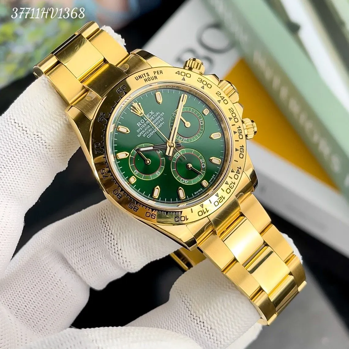 Daytona John Mayer grünes Zifferblatt Gold Lünette Oyster Armband