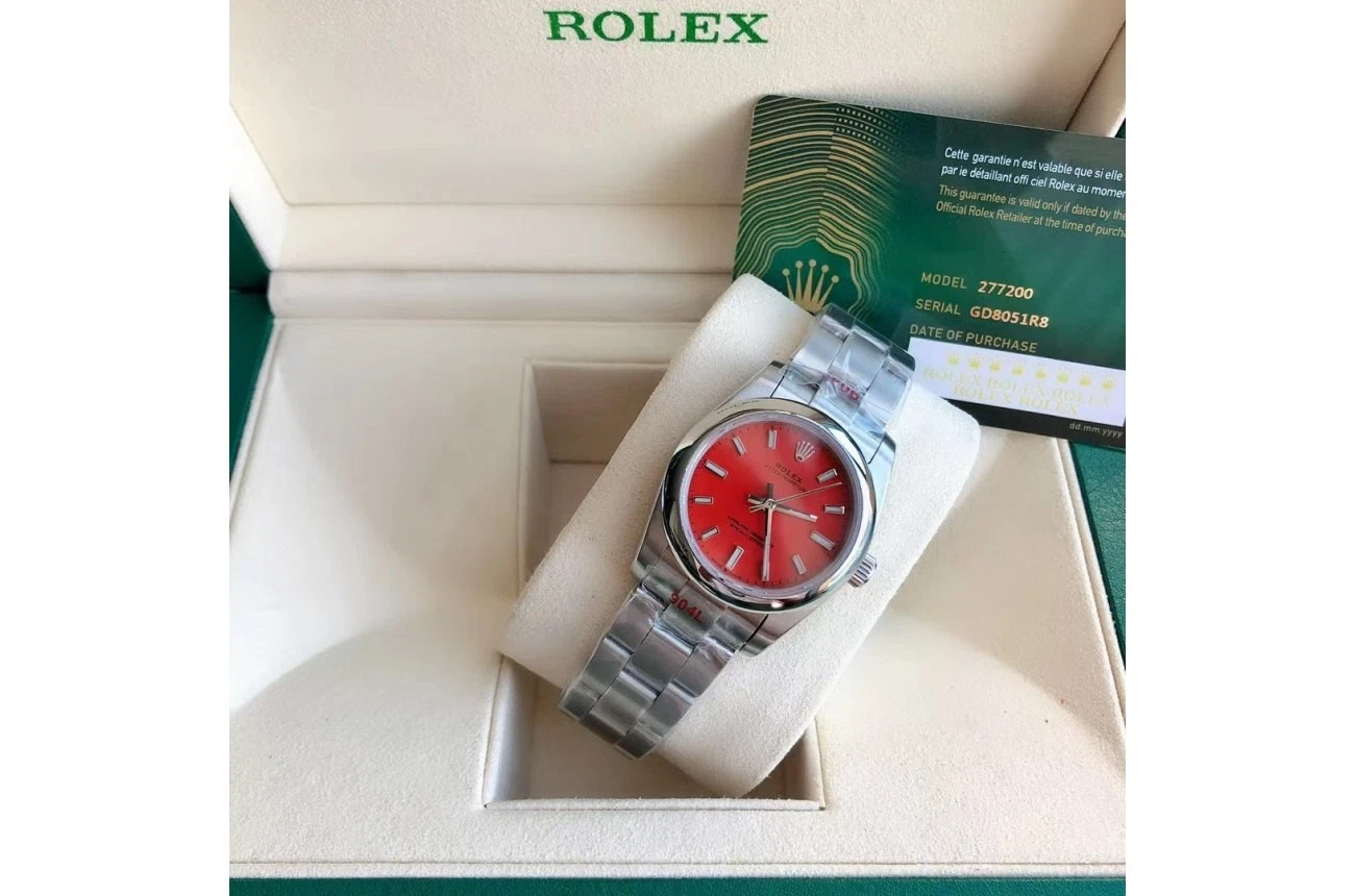 Oyster Perpetual Edelstahl/Edelstahl Rot/Stabindizes Nahaufnahme