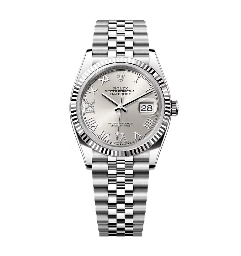 Rolex Datejust silberfarbenes Zifferblatt mit römischen Indizes und Diamantbesatz 126234-0029 36 mm