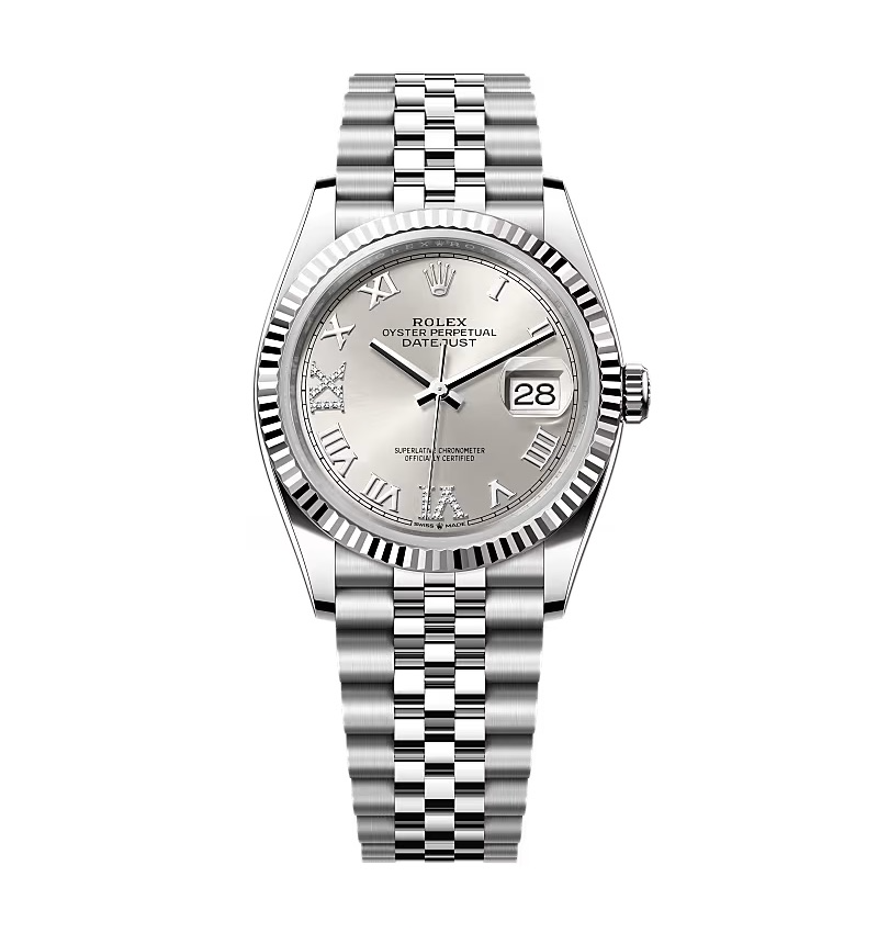 Rolex Datejust silberfarbenes Zifferblatt mit römischen Indizes und Diamantbesatz 126234-0029 36 mm