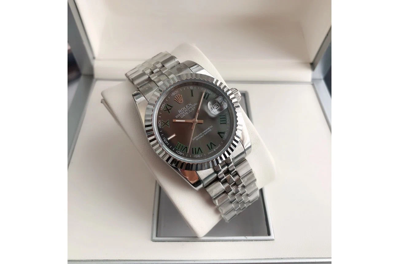 Datejust Edelstahl/Edelstahl Jubilee Grau/Römische Indizes Schrägansicht