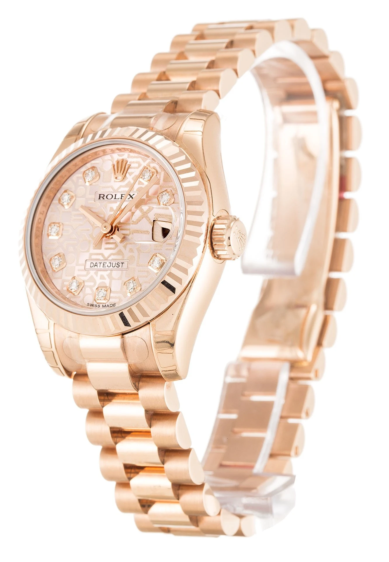 Lady-Datejust roséfarbenes Zifferblatt 179175 Perspektivansicht