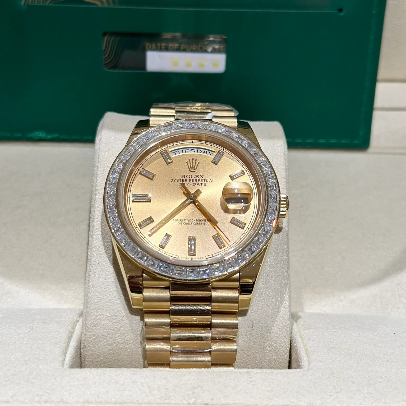 champagnerfarbenes Zifferblatt mit Diamantbesatz Lünette Gold presidential Armband
