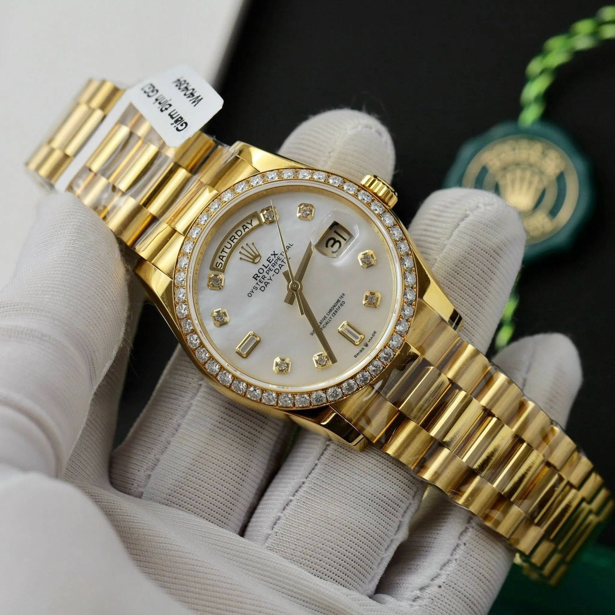 Day Date Pearl Zifferblatt mit Diamantbesatz Lünette Presidential Armband