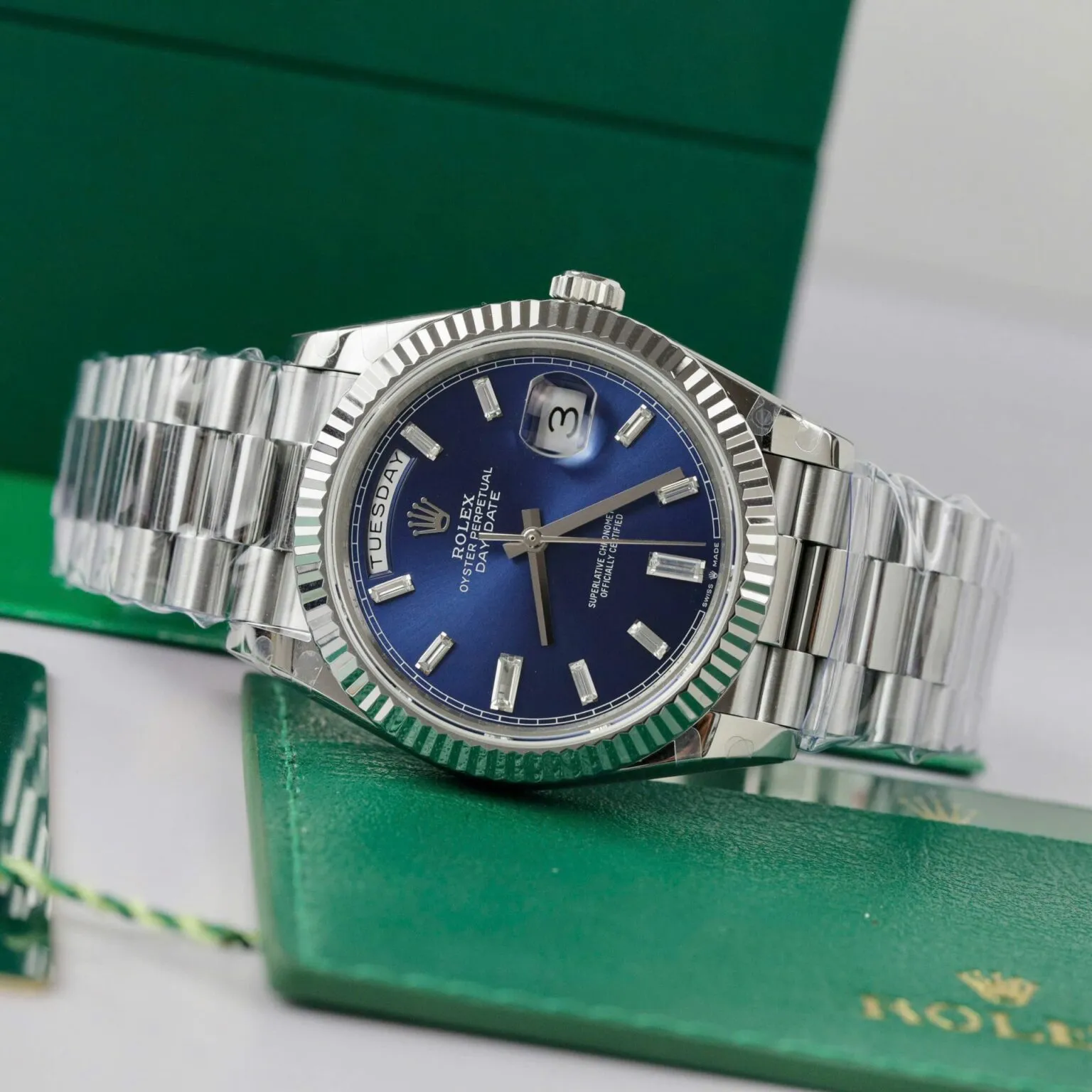 Day-Date Blau Geriffelt Lünette Presidential Armband