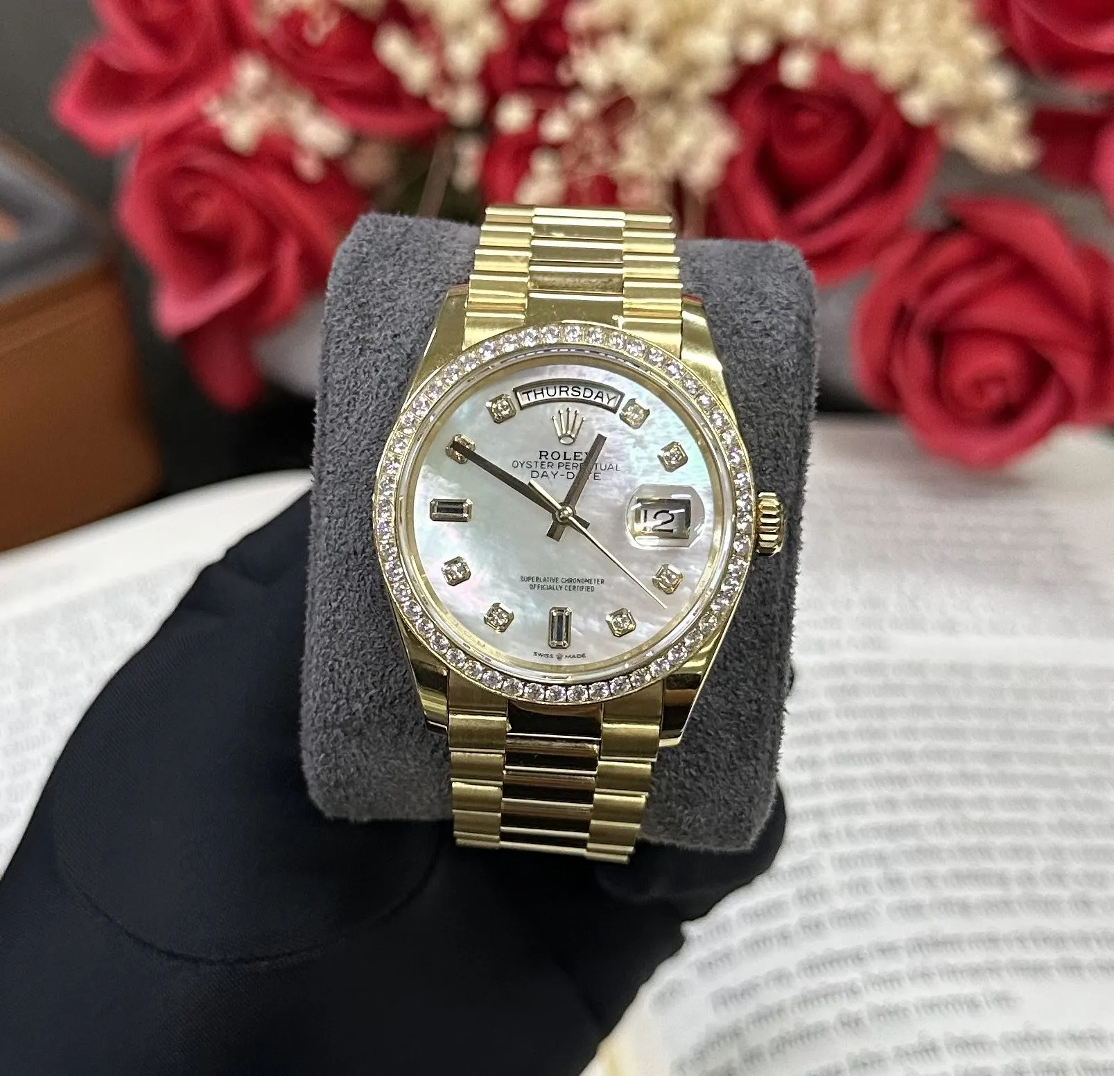 Day-Date weißes Zifferblatt mit Diamantbesatz Lünette Presidential Zifferblatt