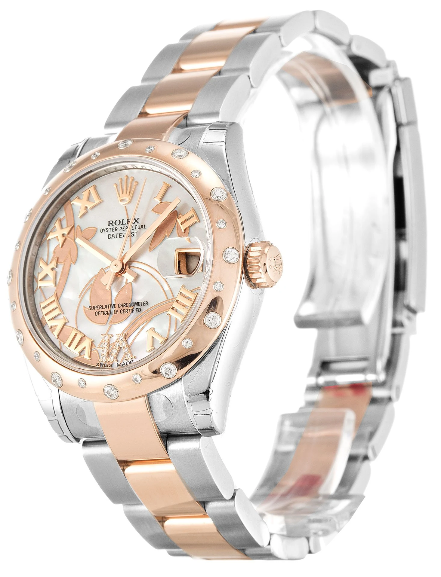 Lady-Datejust weißes Zifferblatt mit Blumenmuster 178341 Perspektivansicht