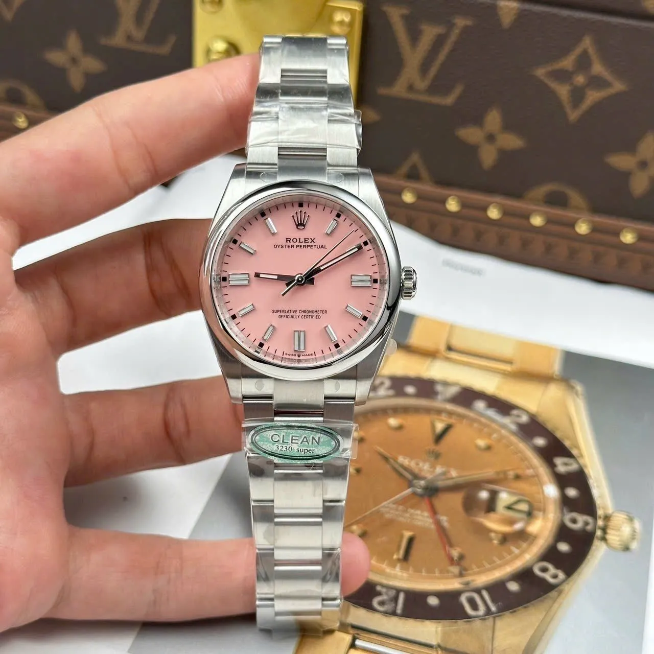 Oyster Perpetual rosafarbenes Zifferblatt Smooth Lünette Oyster Armband