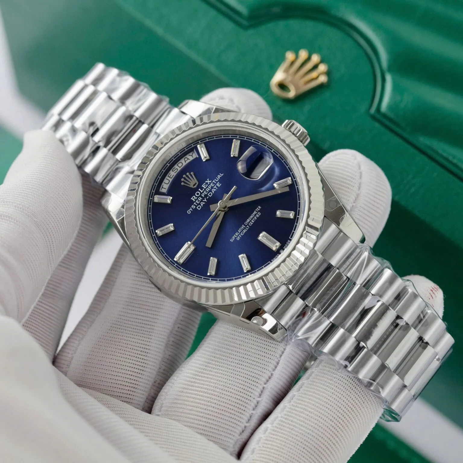 Day-Date Blau Geriffelt Lünette Presidential Armband