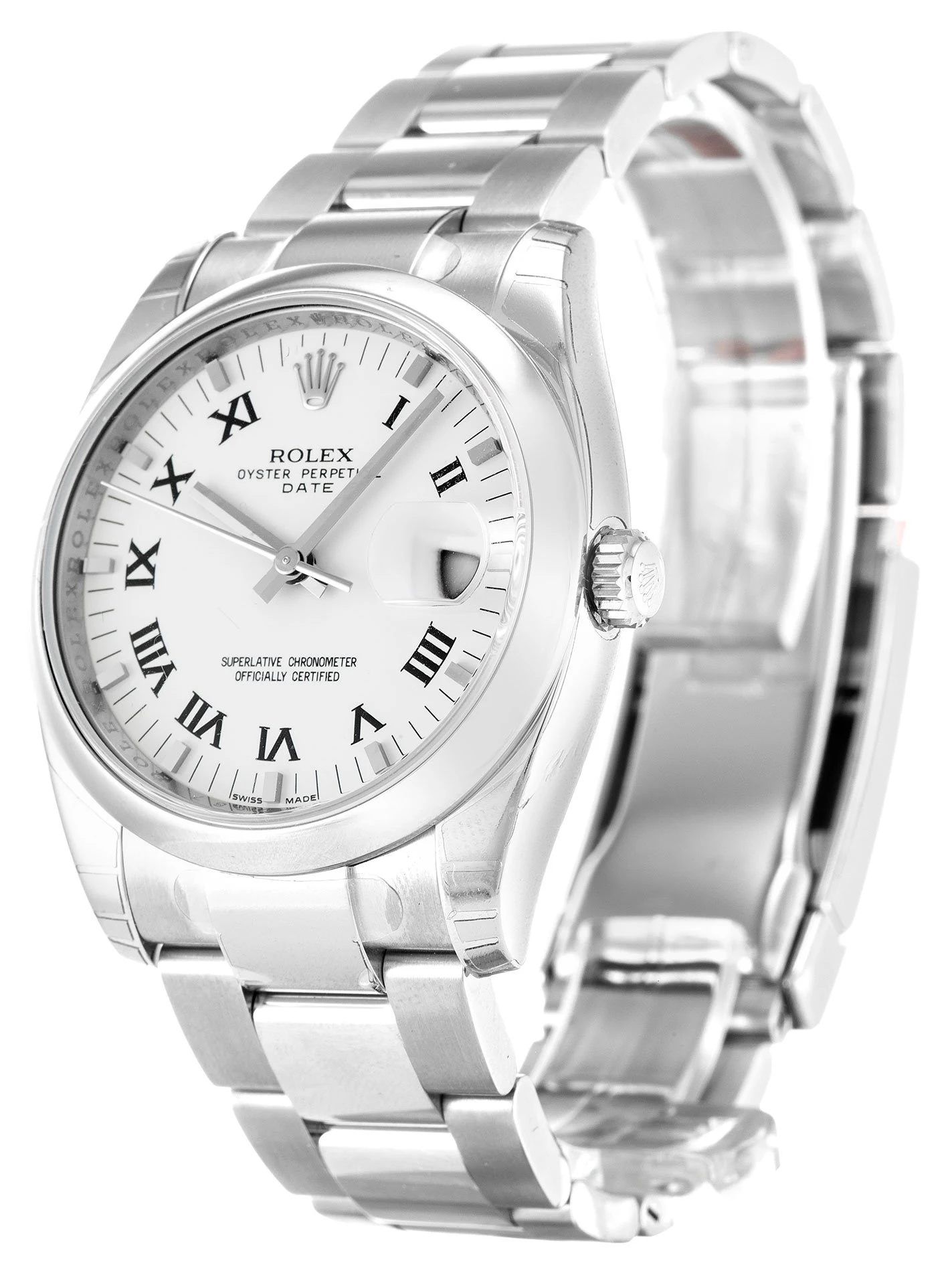 Oyster Perpetual Date weißes Zifferblatt 115200 Perspektivansicht