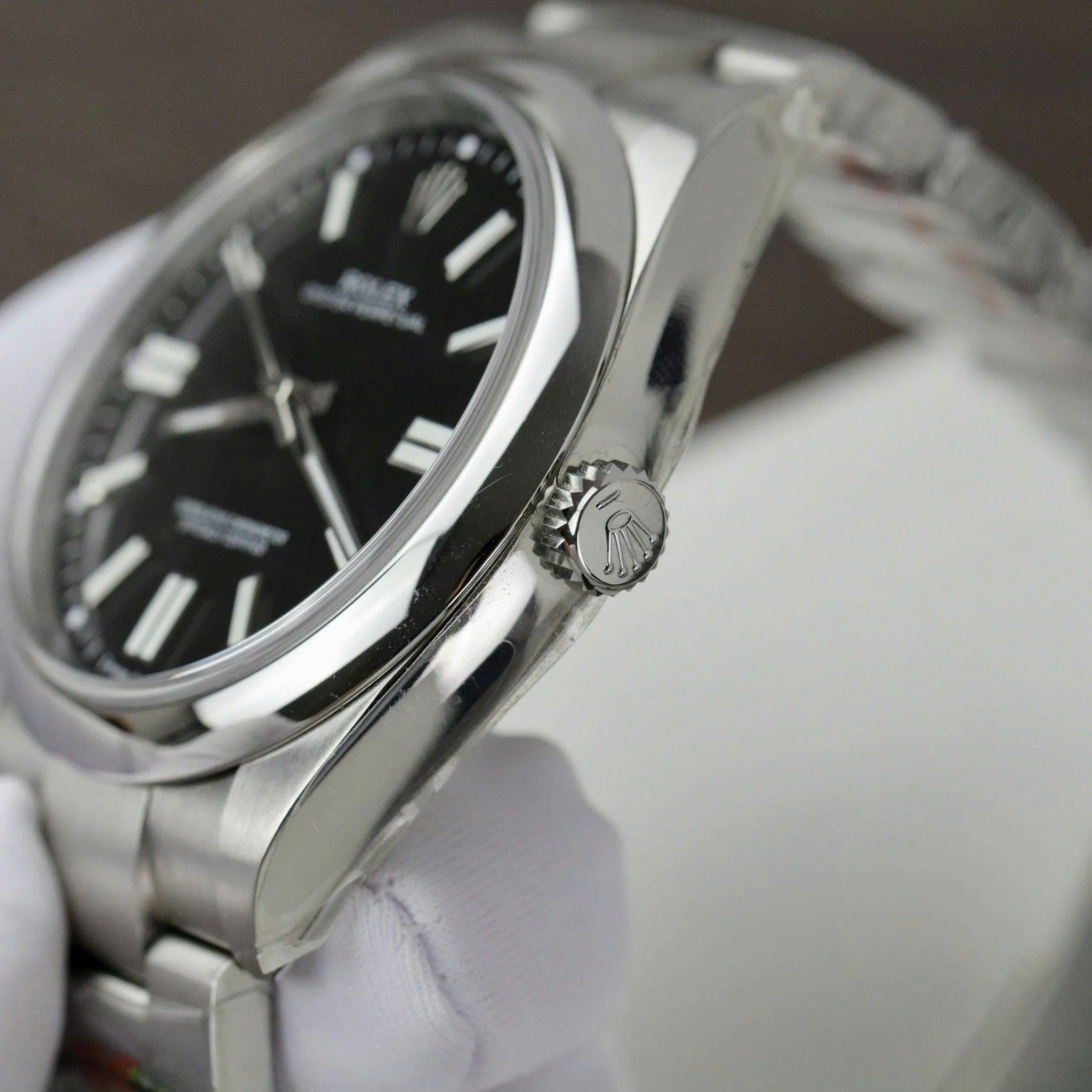 Oyster Perpetual schwarzes Zifferblatt Smooth Lünette Oyster Armband