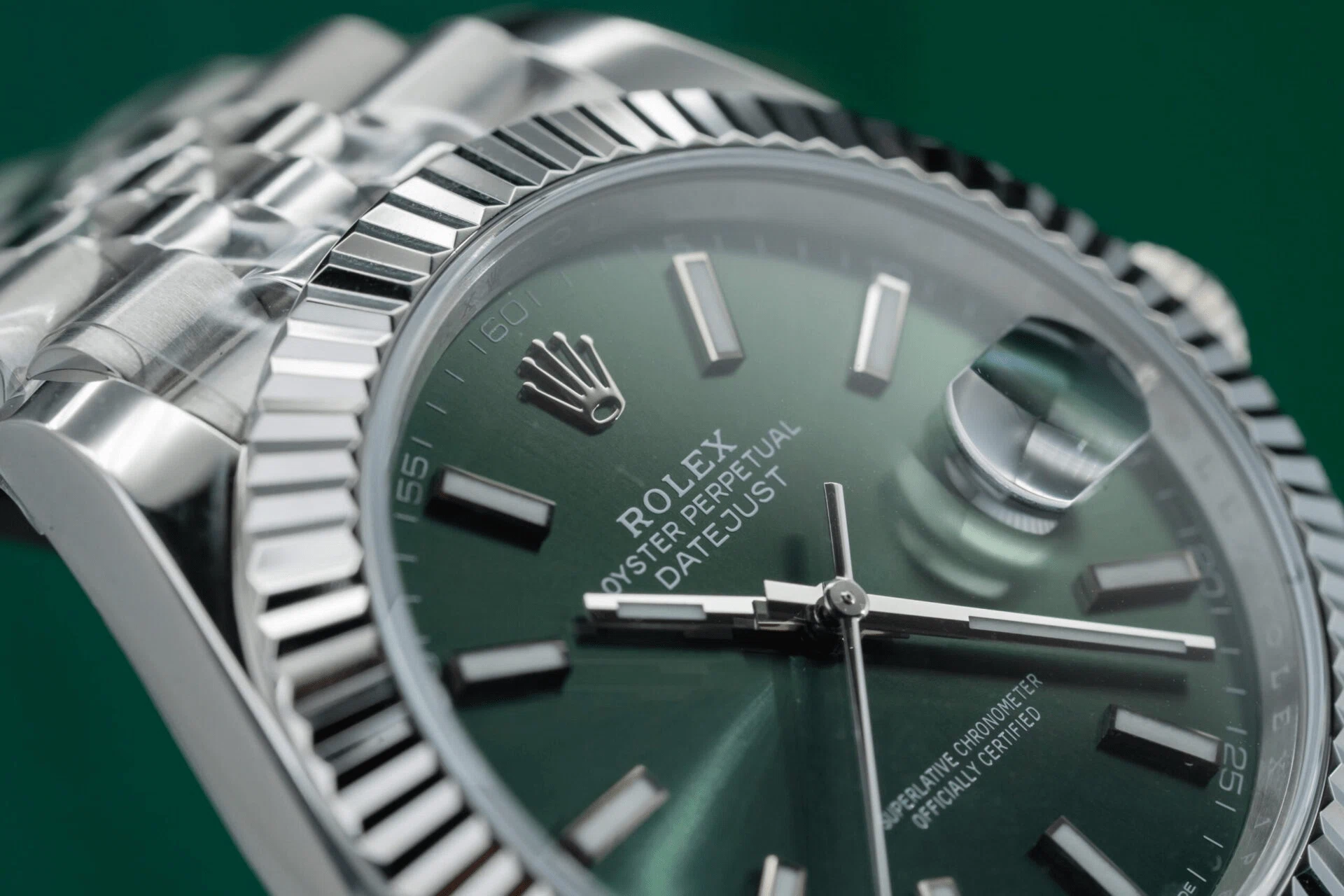 Datejust mintgrünes Zifferblatt Geriffelt Lünette Jubilee Armband