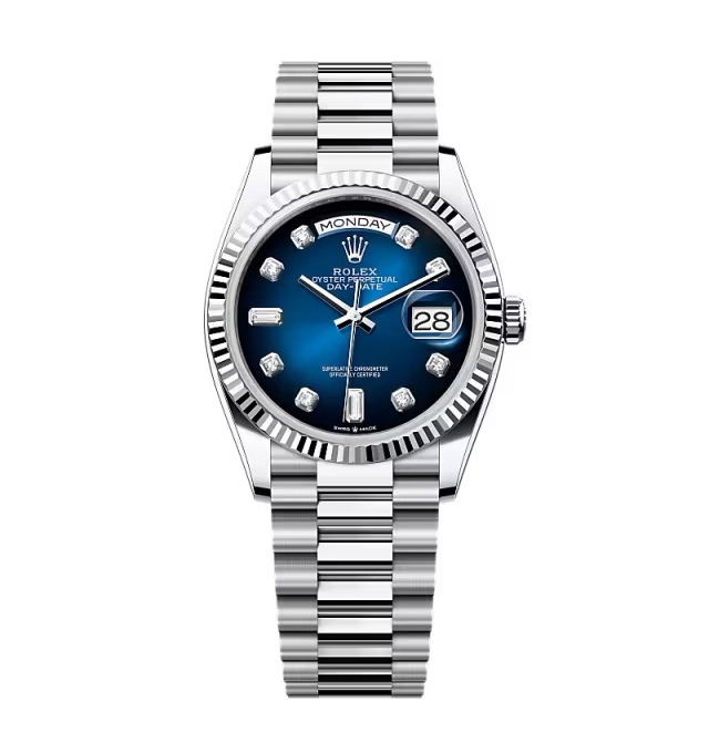 Rolex Day-Date Blau Ombré Zifferblatt mit Diamantbesatz 128236-0005 36 mm – Superclone