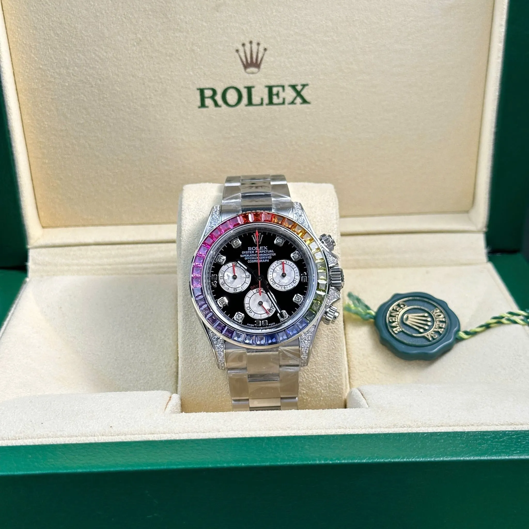 Daytona schwarzes Zifferblatt Rainbow Lünette Oyster Armband
