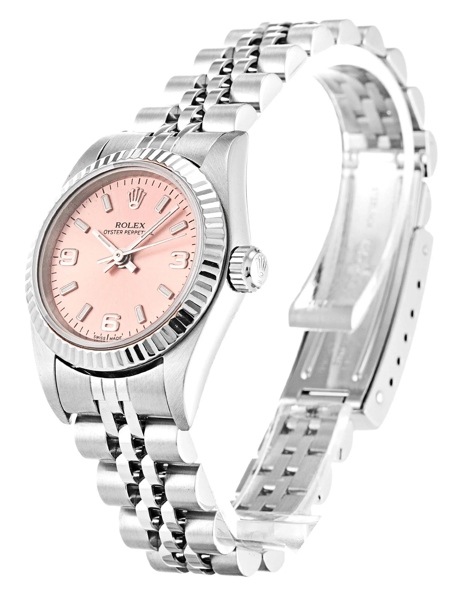 Oyster Perpetual Lady lachsfarbenes Zifferblatt 76094 Perspektivansicht