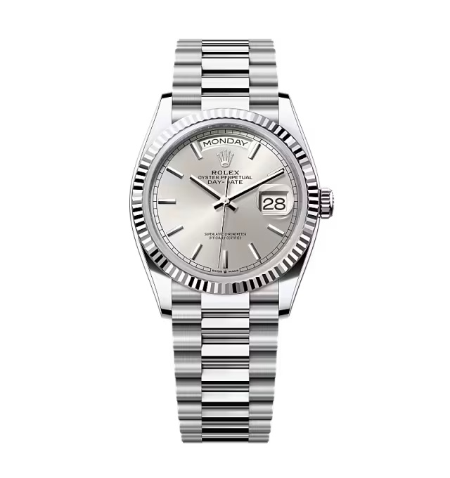 Rolex Day-Date silberfarbenes Zifferblatt 128236-0001 36 mm – Superclone