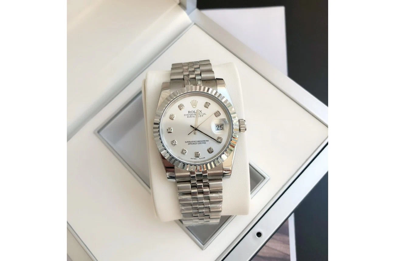 Datejust Edelstahl/Edelstahl Jubilee Silber/Diamantindizes Nahaufnahme