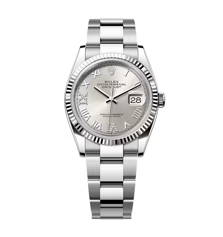 Rolex Datejust silberfarbenes Zifferblatt mit römischen Indizes und Diamantbesatz 126234-0030 36 mm