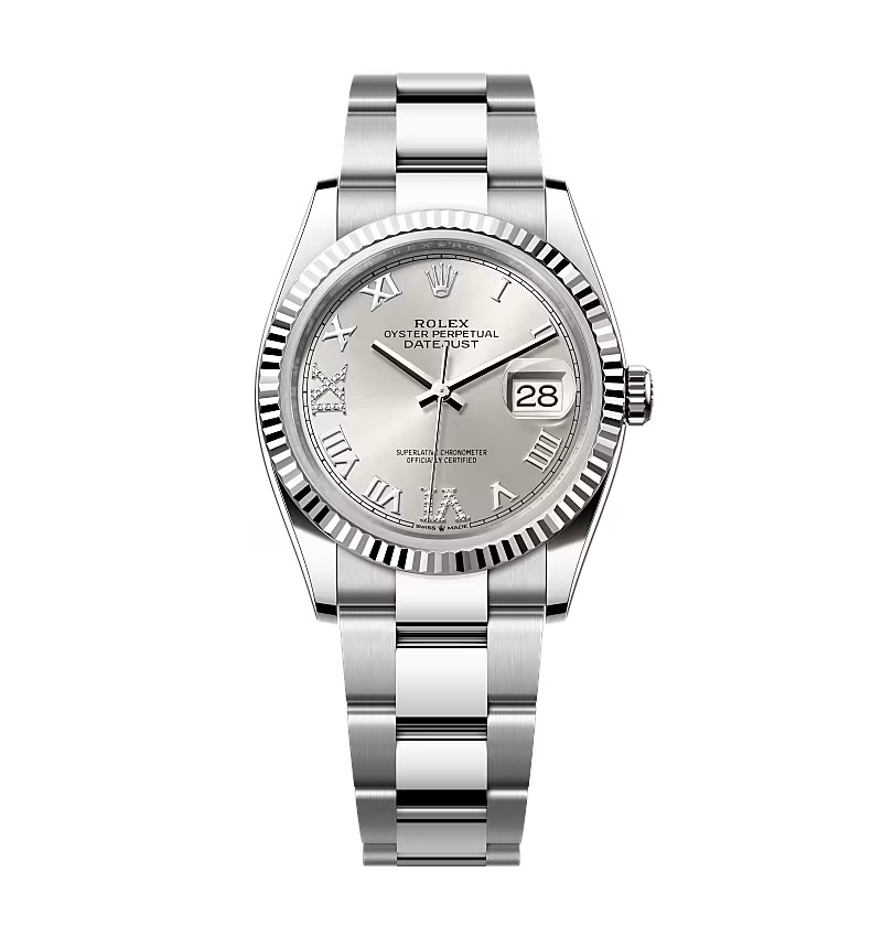 Rolex Datejust silberfarbenes Zifferblatt mit römischen Indizes und Diamantbesatz 126234-0030 36 mm