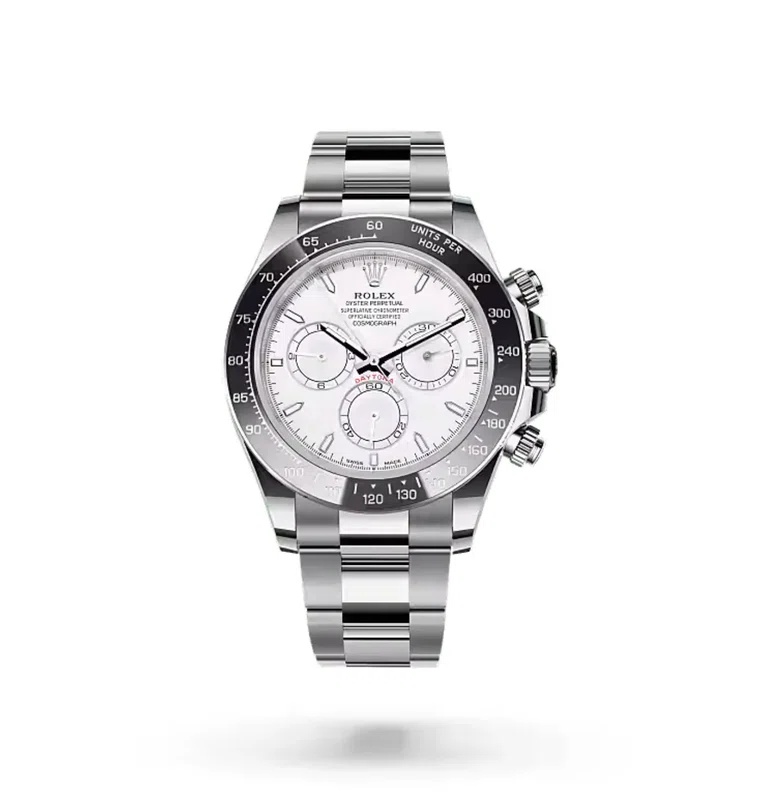 Cosmograph Daytona Rolesium Emaille-Zifferblatt (2026) — Rolesium (Oystersteel und Platin), weißes Emaille-Zifferblatt — Vorderansicht des Zifferblatts
