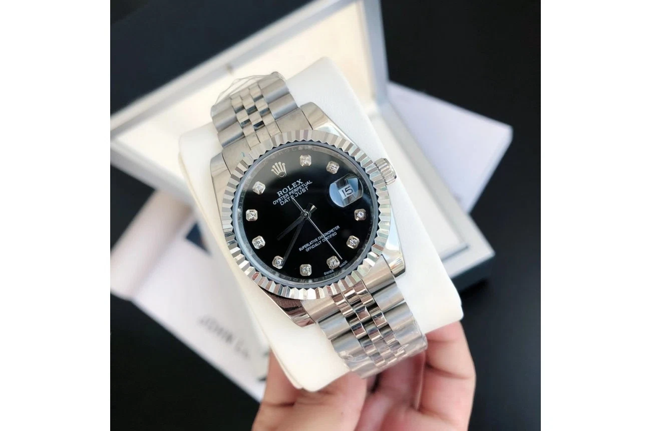 Datejust Edelstahl/Edelstahl Jubilee Schwarz/Zifferblatt Perspektivansicht