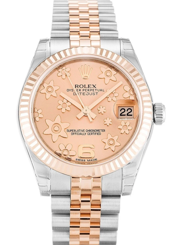 Datejust in mittlerer Größe rosafarbenes Zifferblatt mit Blumenmuster 178271