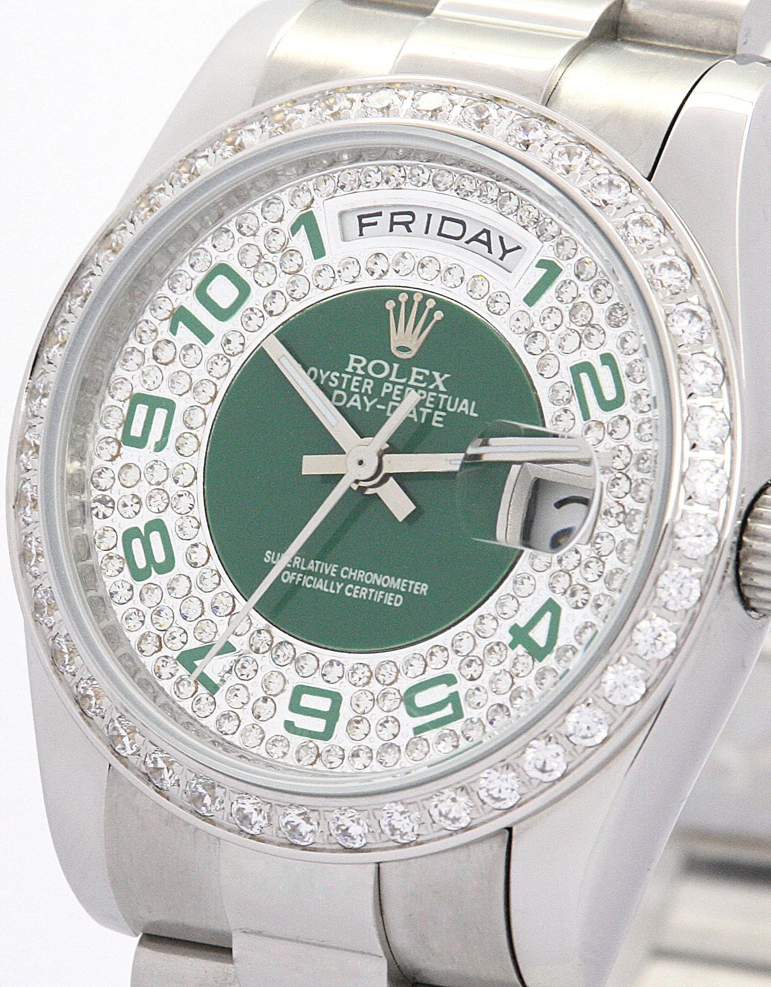 Day-Date Grün und Silber mit Diamonds Zifferblatt 118346 Nahaufnahme