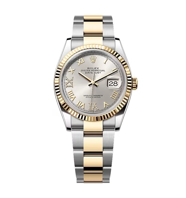 Rolex Datejust silberfarbenes Zifferblatt mit römischen Indizes und Diamantbesatz 126233-0032 36 mm